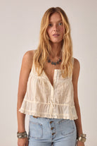 ELSHAM BOUTIQUE ivory cotton stripe dobby cropped top with lace front panel, V-neckline, and drawstring waist.