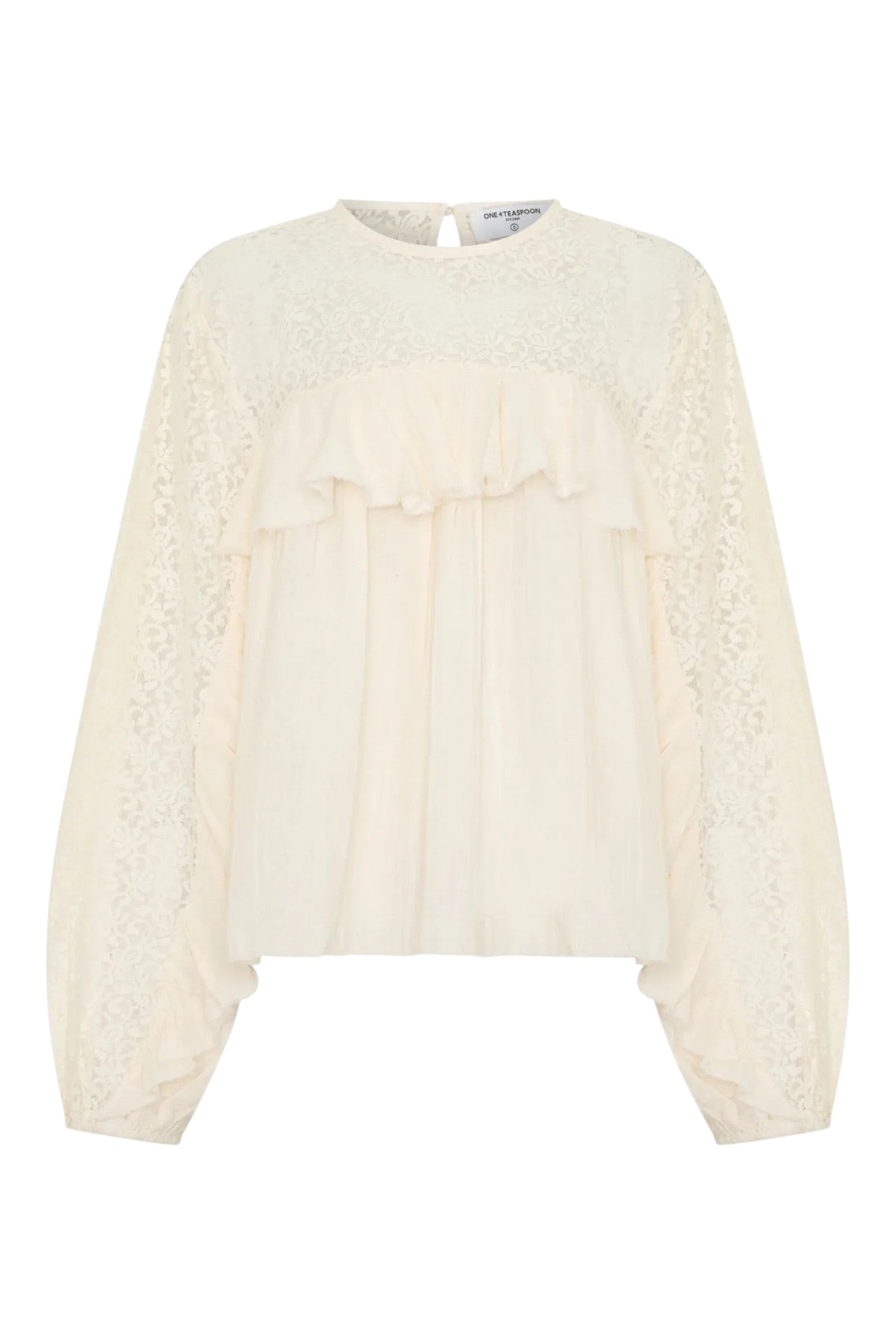 ELSHAM BOUTIQUE ivory cotton blouse with sheer lace yoke, cascading front frills, and long sleeves with lace panels.