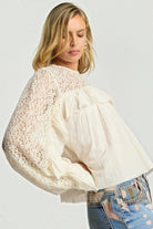 ELSHAM BOUTIQUE ivory cotton blouse with sheer lace yoke, long sleeves, and romantic frill detailing.