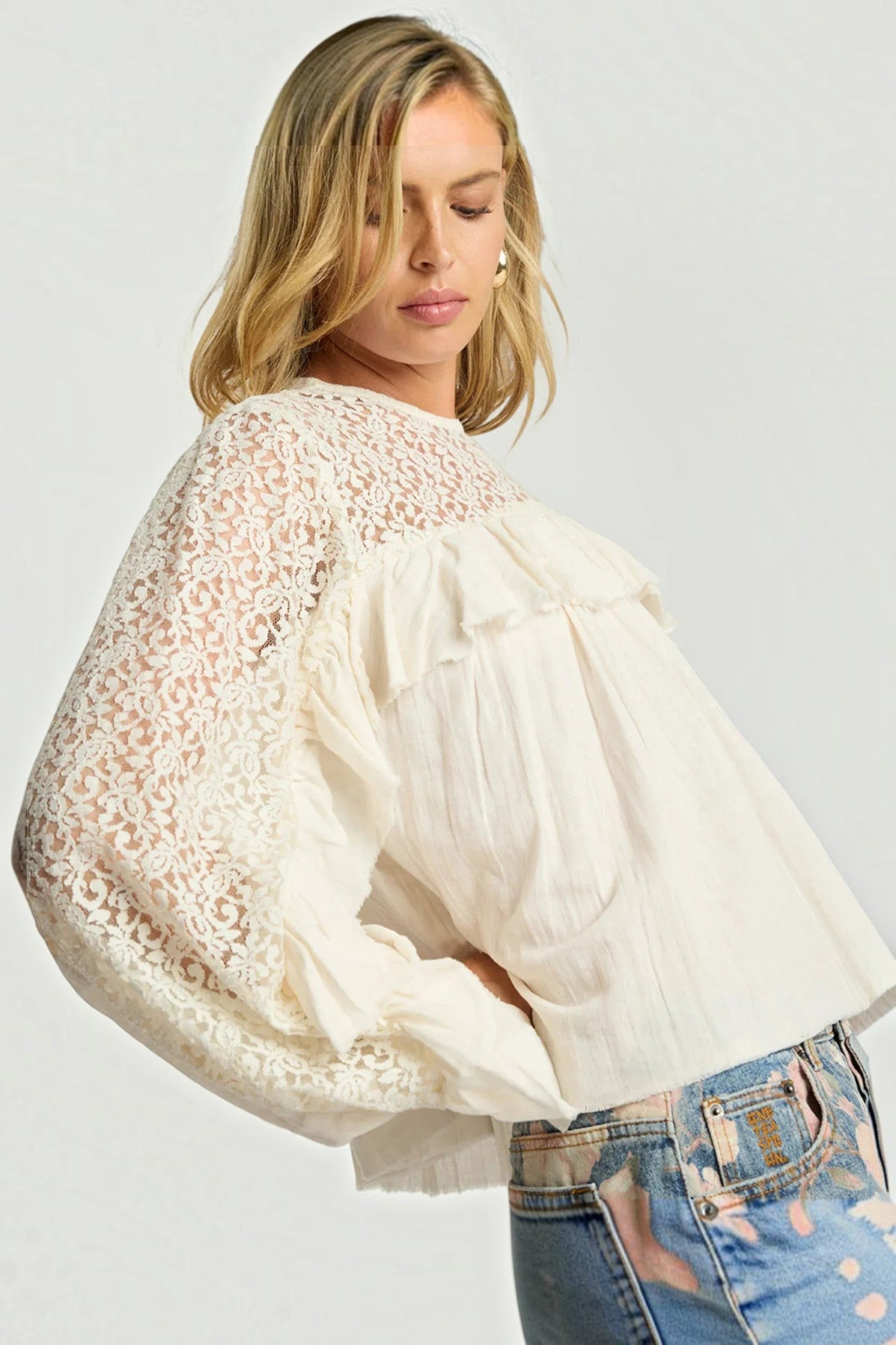 ELSHAM BOUTIQUE ivory cotton blouse with sheer lace yoke, long sleeves, and romantic frill detailing.