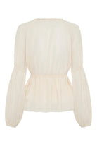Back view of ELSHAM BOUTIQUE ivory sheer chiffon blouse with voluminous peasant sleeves and elasticated waist.