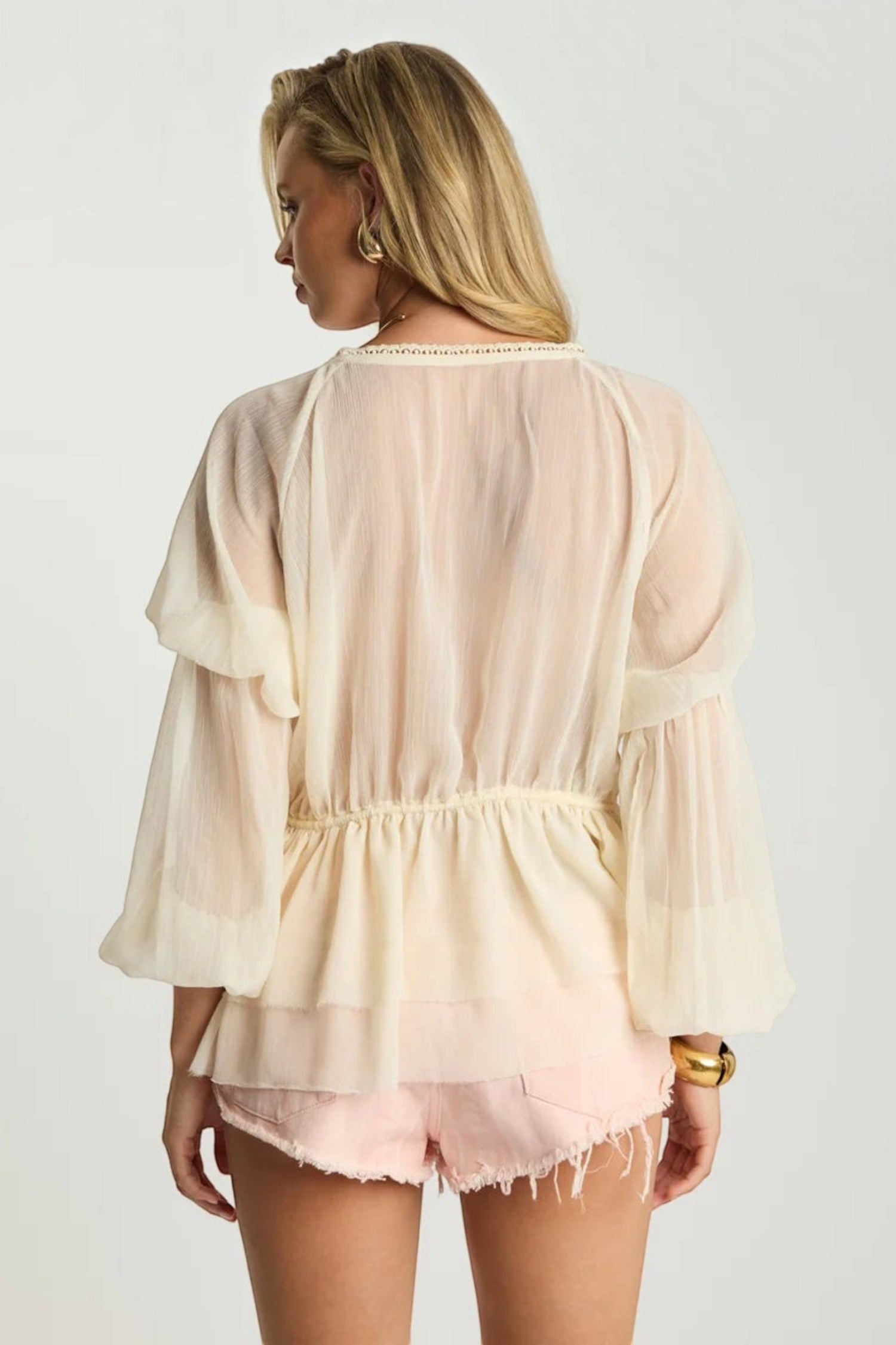 ELSHAM BOUTIQUE ivory sheer chiffon blouse with voluminous peasant sleeves and elasticated waist, back view