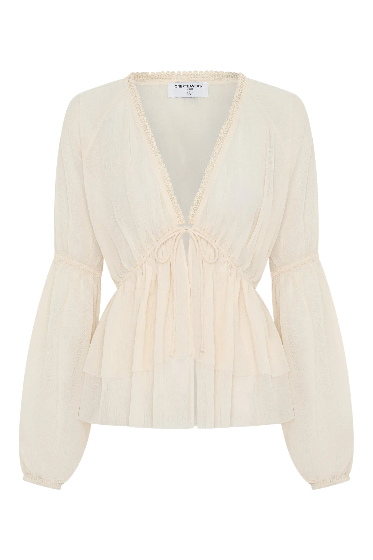 ELSHAM BOUTIQUE ivory sheer chiffon blouse with deep V-neck, lace trim, self-tie front, and voluminous peasant sleeves.