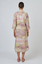 Back view of ELSHAM BOUTIQUE GA417 midi shirt dress in a multi-coloured abstract print 100% linen fabric.