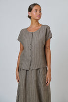 ELSHAM BOUTIQUE GA504 linen button down top in taupe with white vertical stripes, round neckline, and short sleeves.