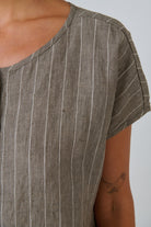 ELSHAM BOUTIQUE GA504 linen button down top in taupe with white vertical stripes, round neckline, and short sleeves.