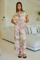 ELSHAM BOUTIQUE GA398 wide-leg linen trousers in a multi-coloured abstract print with a flat front and side pockets.