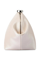 ELSHAM BOUTIQUE Marina pearl clutch in shimmering cream vegan leather with a silver clasp closure, side view.