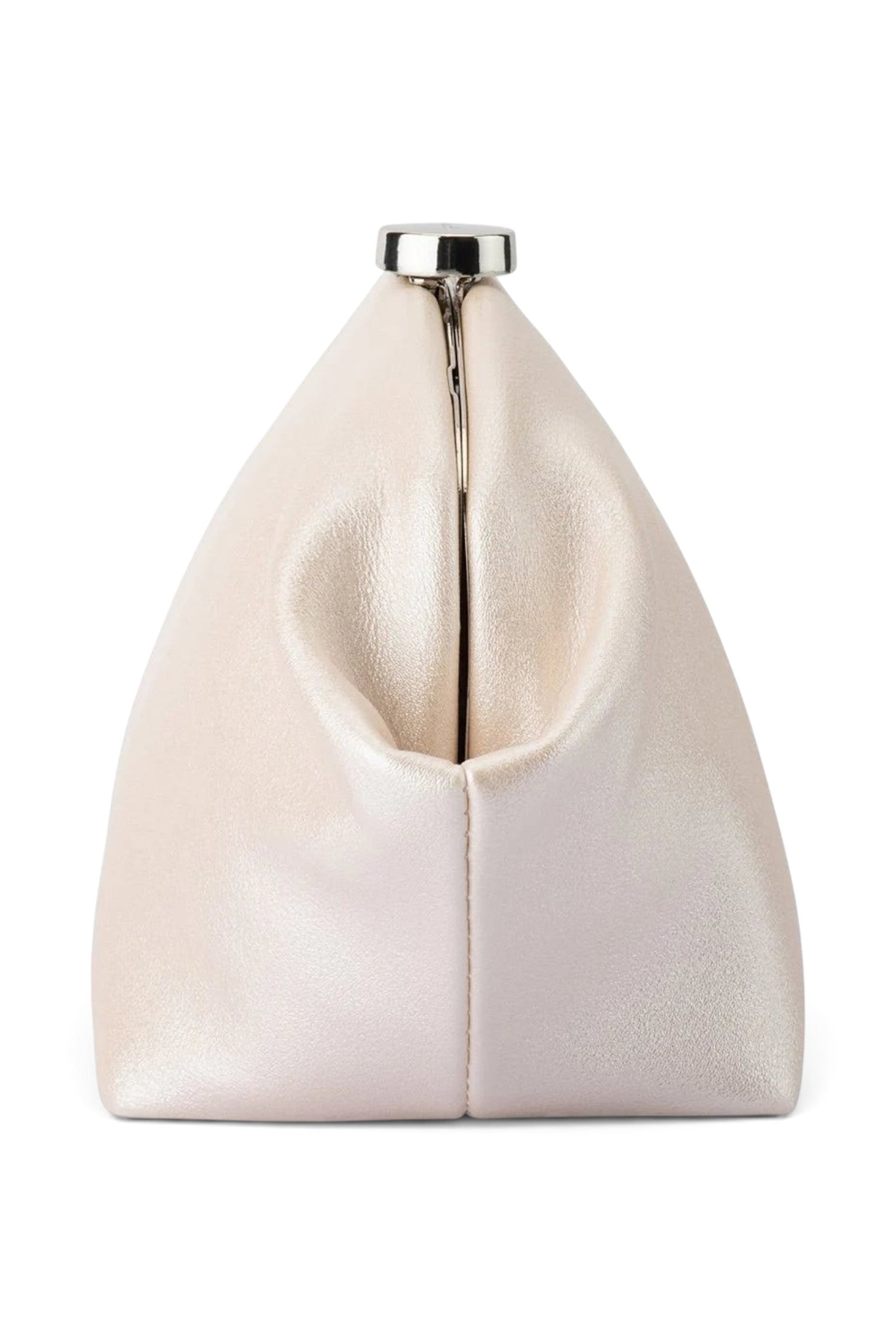 ELSHAM BOUTIQUE Marina pearl clutch in shimmering cream vegan leather with a silver clasp closure, side view.