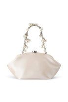 ELSHAM BOUTIQUE Marina pearl clutch in shimmering cream vegan leather with a decorative faux pearl handle.