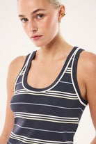ELSHAM BOUTIQUE marine blue striped knit tank top with a scoop neck worn by a model