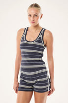 ELSHAM BOUTIQUE marine blue striped knit tank top with a scoop neck worn by a model