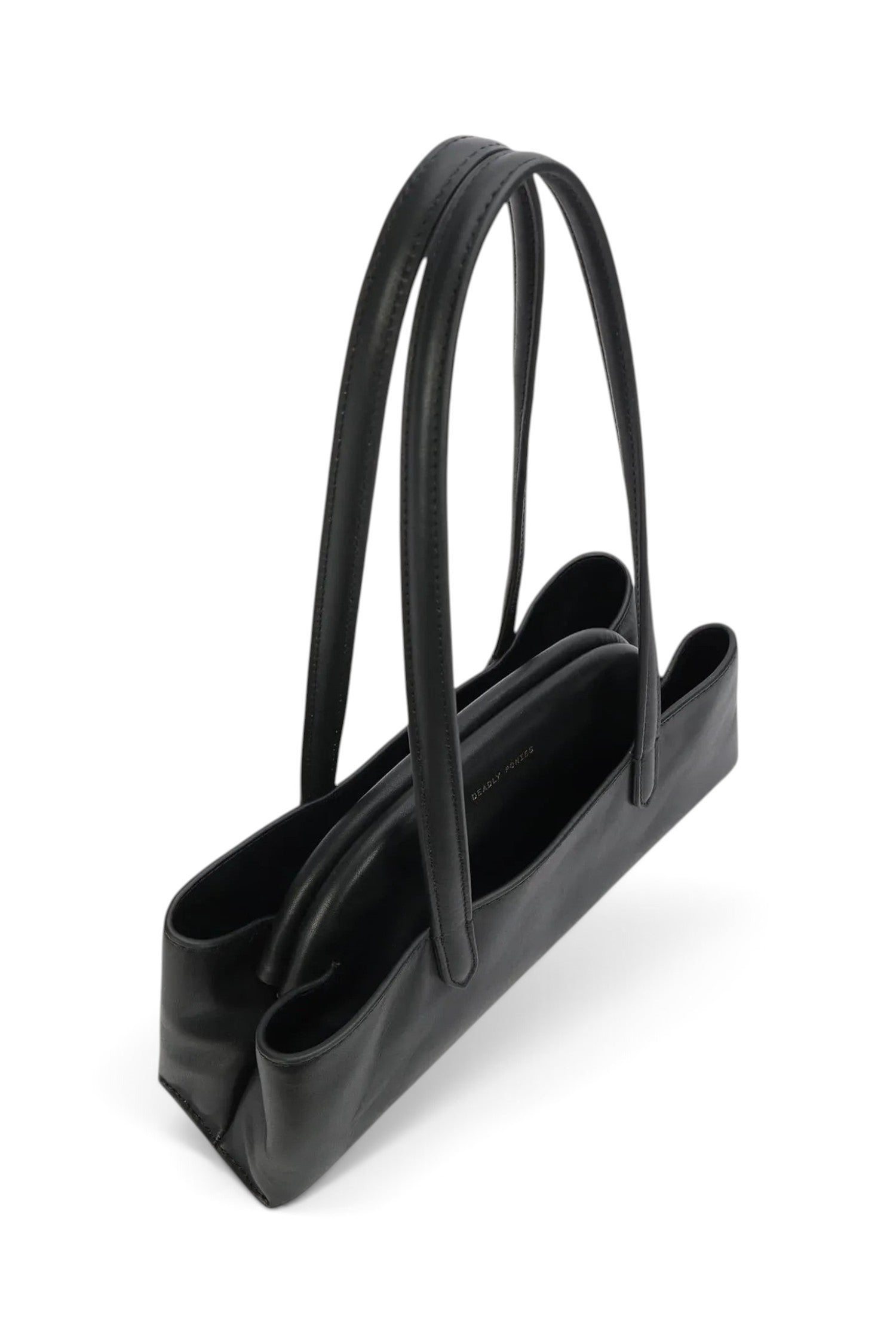ELSHAM BOUTIQUE Mini Vault Tote in black ironed calf nappa leather with dual top handles and brass hardware details.