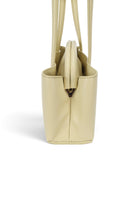 ELSHAM BOUTIQUE Mini Vault Tote in Lemonade yellow ironed calf nappa leather, side view showing metal frame closure.