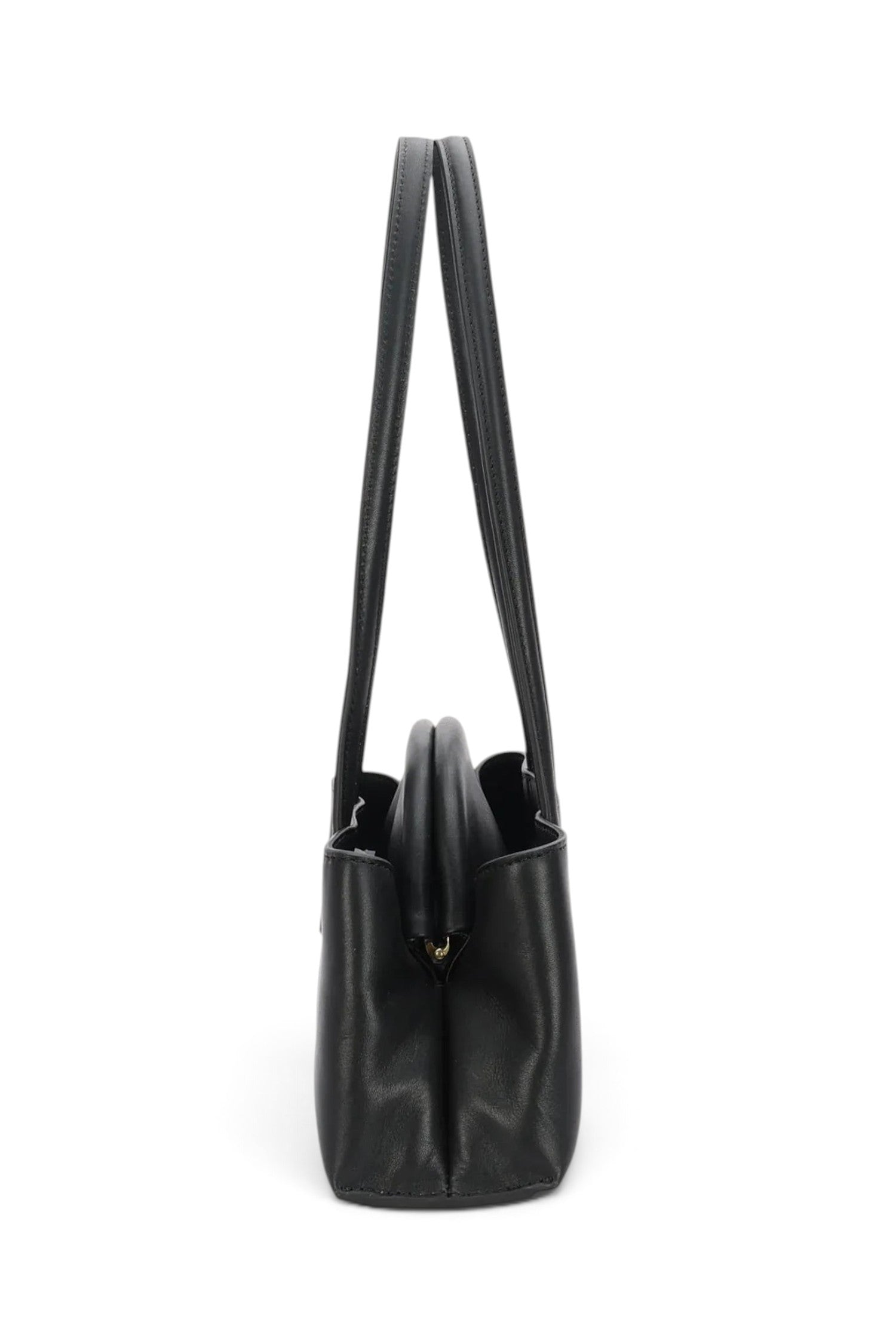 ELSHAM BOUTIQUE Mini Vault Tote in black ironed calf nappa leather with brass hardware, side view showing handles.