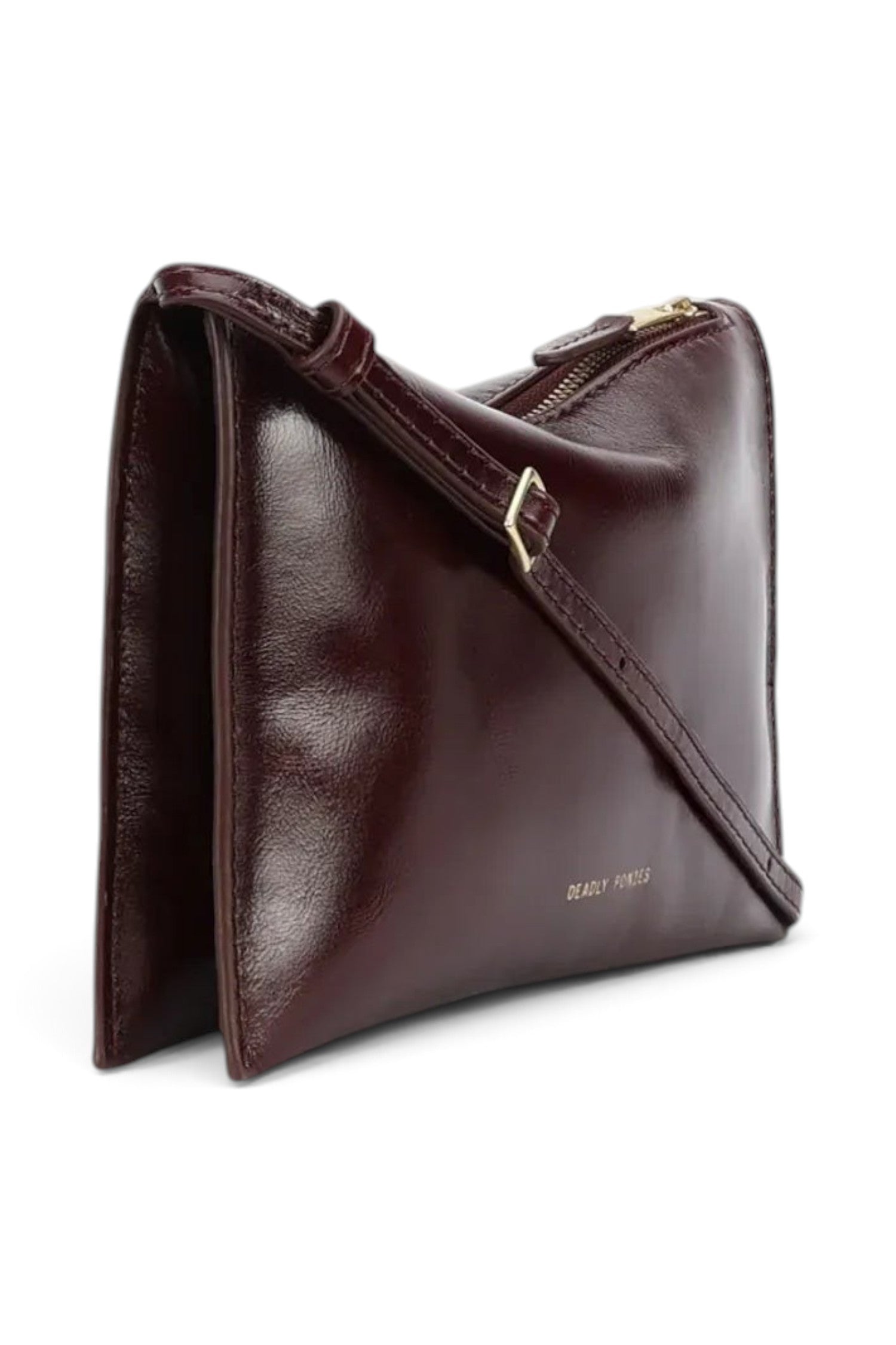 ELSHAM BOUTIQUE Minimese crossbody bag in dark cherry glossy calf nappa leather with gold hardware and adjustable strap
