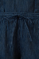 ELSHAM BOUTIQUE GA477 navy blue pinstripe linen shorts featuring a drawstring waistband and relaxed fit