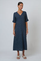 ELSHAM BOUTIQUE GA707 navy blue pinstripe linen midi dress with V-neck and elbow-length sleeves on a model