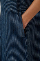 ELSHAM BOUTIQUE GA707 midi dress in navy blue striped linen fabric featuring a functional side seam pocket