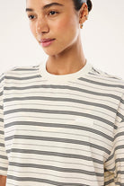 ELSHAM BOUTIQUE oversized Spark tee in whisper white with black horizontal stripes and a chest branding patch