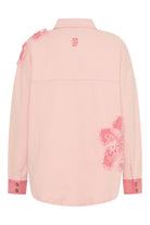 Back view of ELSHAM BOUTIQUE pink petal oversized cotton denim shacket with frayed edge detailing