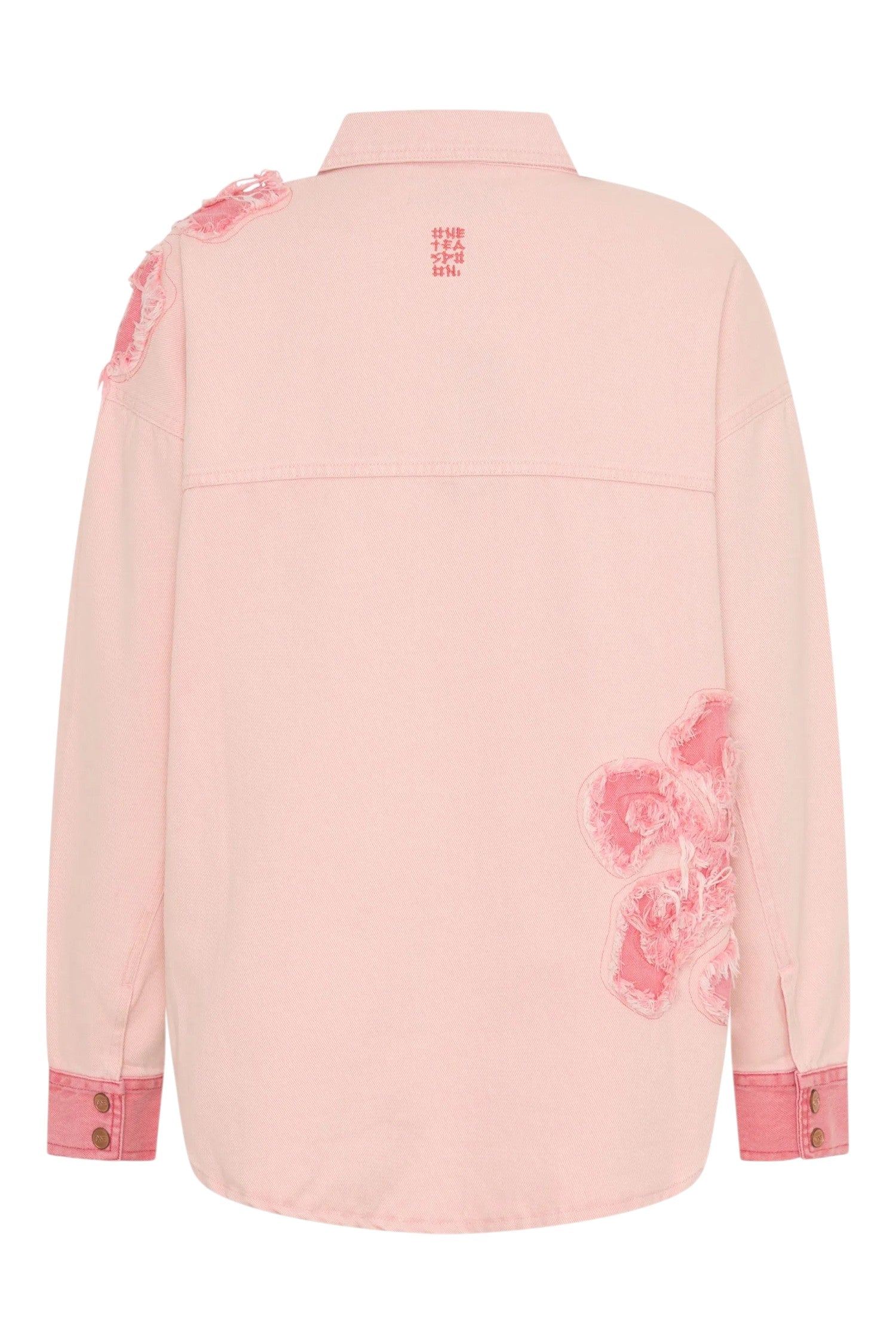 Back view of ELSHAM BOUTIQUE pink petal oversized cotton denim shacket with frayed edge detailing