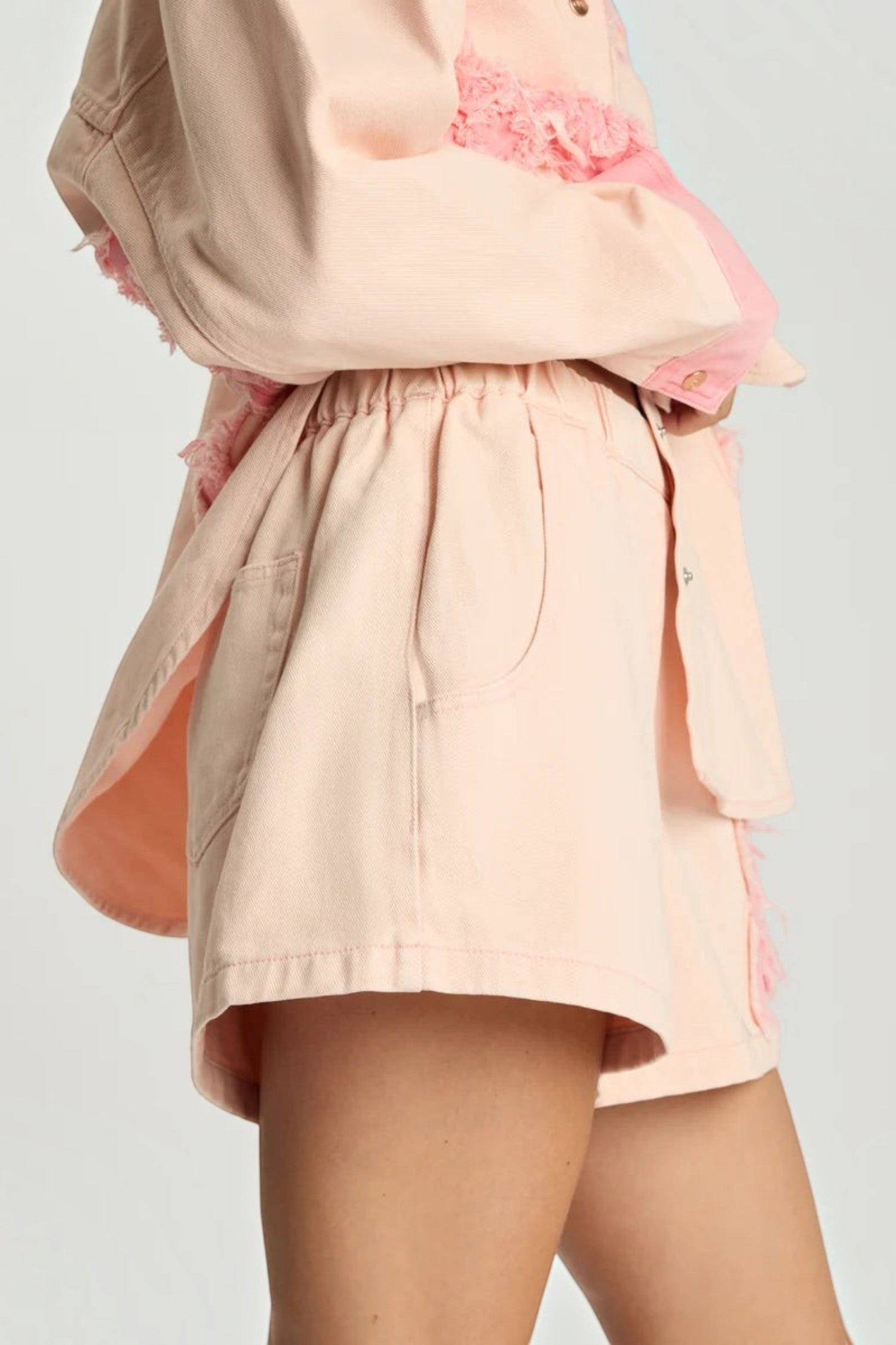 ELSHAM BOUTIQUE pink petal high waist flippy denim shorts with elasticated waistband and frayed hem detail