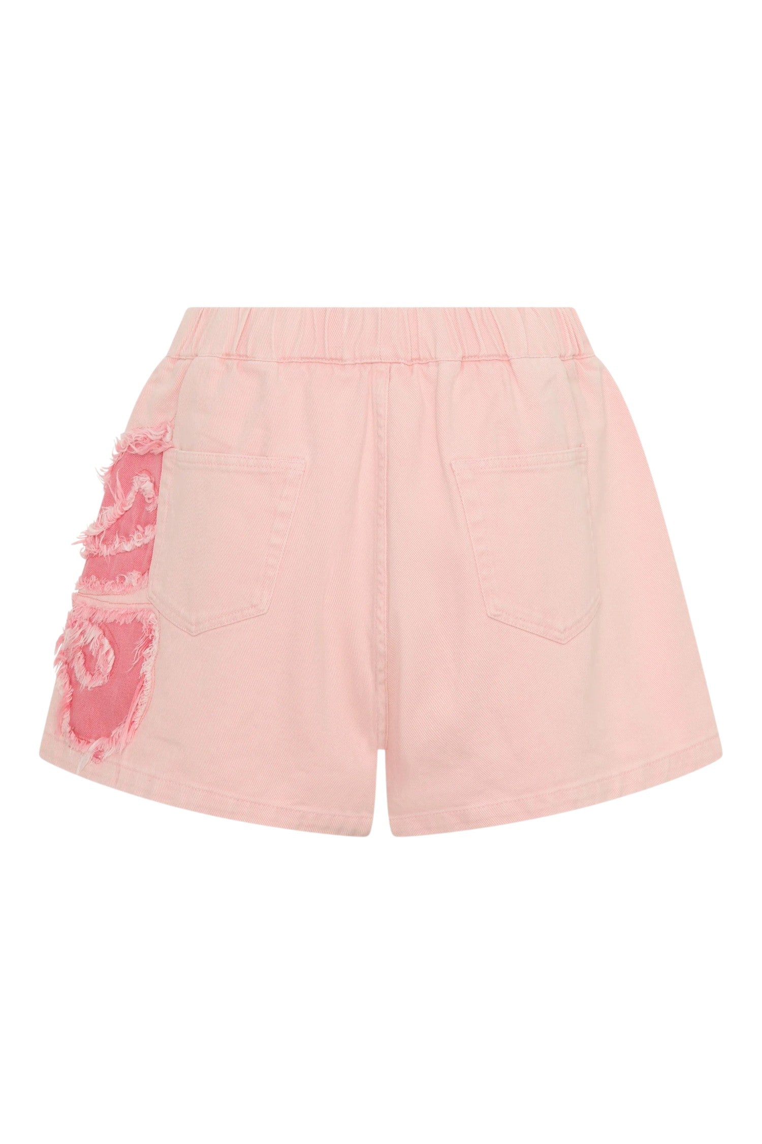ELSHAM BOUTIQUE pink petal high waist denim shorts with elasticated waistband, frayed side panels, and back pockets.
