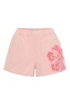 ELSHAM BOUTIQUE pink petal high waist denim shorts with frayed floral embroidery and elasticated waistband.