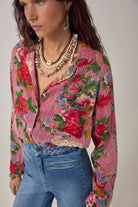 ELSHAM BOUTIQUE Piti shirt in rouge featuring a bold floral print over fine stripes, crafted from soft cotton.
