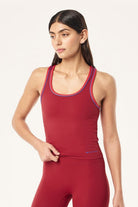 ELSHAM BOUTIQUE slim fit red racerback tank top with contrast purple binding and internal shelf bra