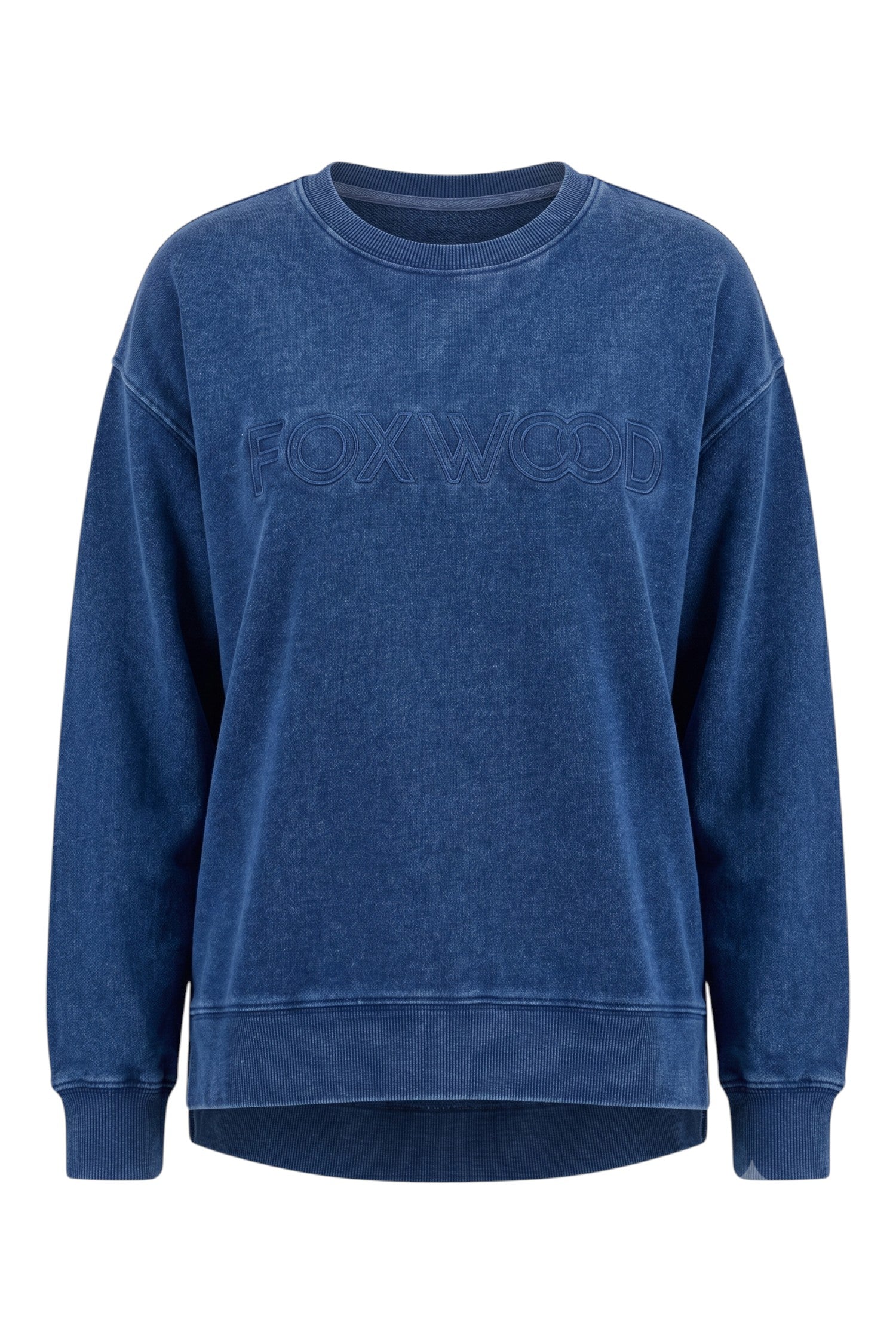 ELSHAM BOUTIQUE Remedy oversized indigo cotton crew neck sweatshirt with tonal Foxwood chest logo and side splits.