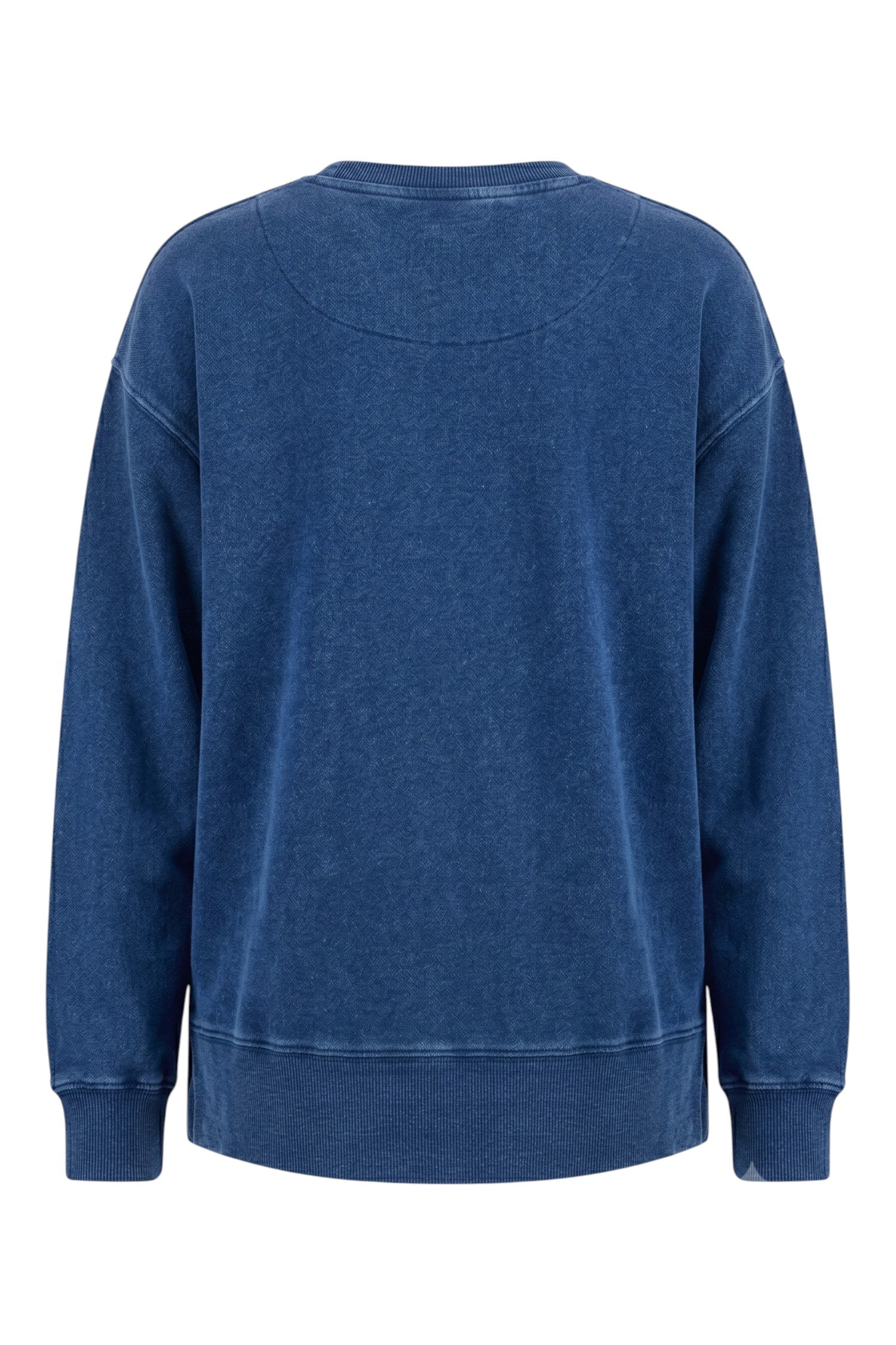 ELSHAM BOUTIQUE Remedy oversized crew neck sweatshirt in indigo blue cotton with ribbed cuffs and side splits.