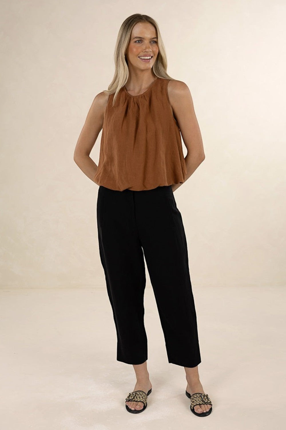 ELSHAM BOUTIQUE Samara Top in tobacco linen-tencel blend with gathered neckline and elasticated hem on a model