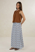 ELSHAM BOUTIQUE Samara Top in tobacco linen-tencel blend featuring a sleeveless bloused silhouette and neckline pleats