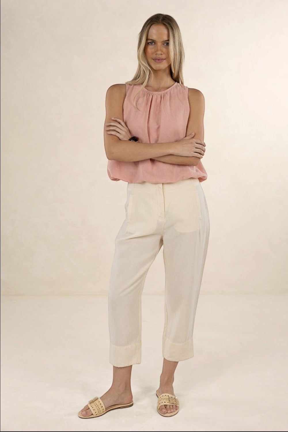 Model wearing ELSHAM BOUTIQUE Samara Top in musk pink linen-tencel with gathered neckline and elasticated hem