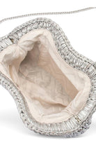 ELSHAM BOUTIQUE Taylor silver metallic crochet clutch bag showing the open interior with fabric lining and zipper.