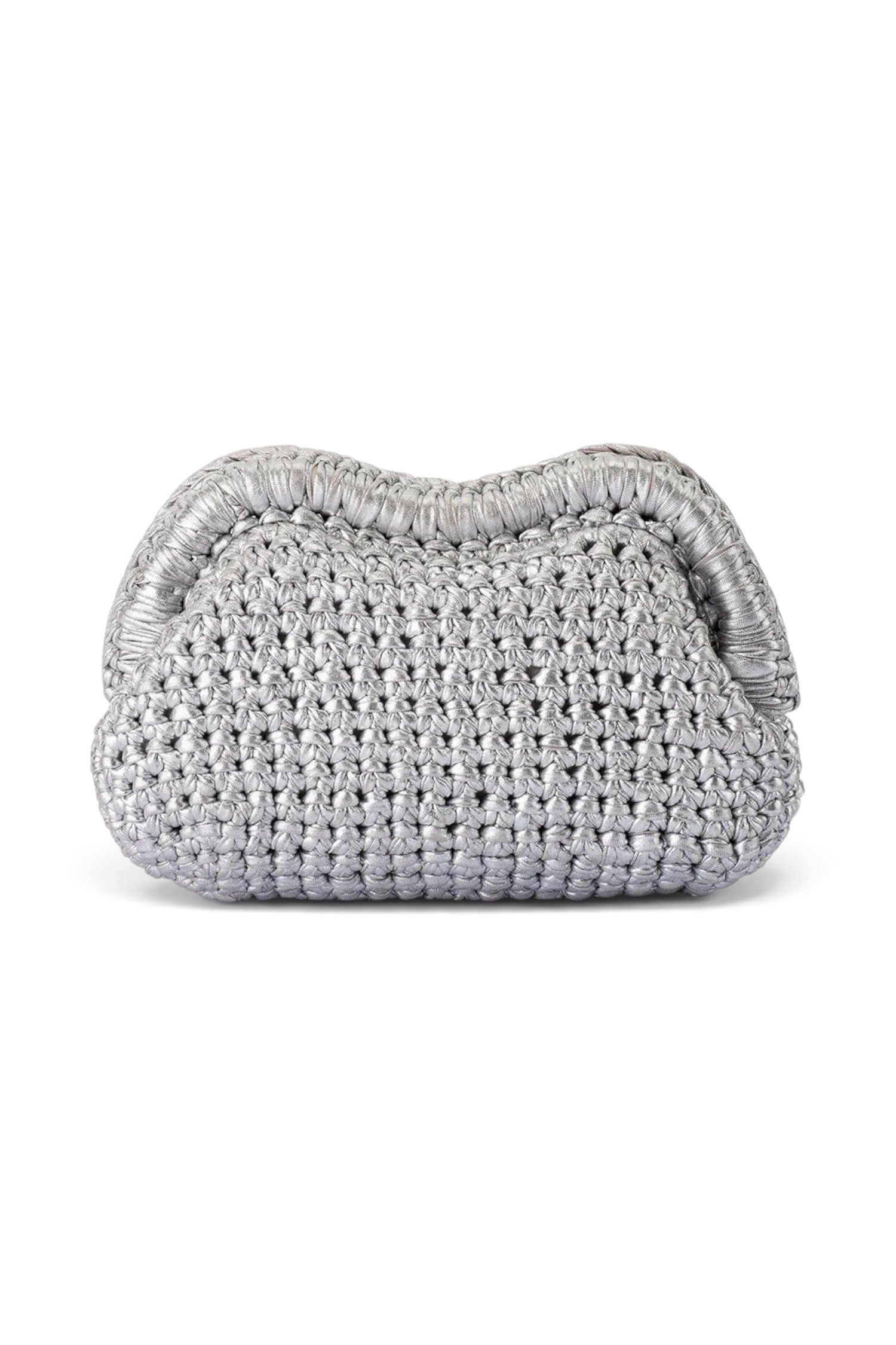 ELSHAM BOUTIQUE Taylor silver metallic crochet clutch with a structured frame closure for evening wear.