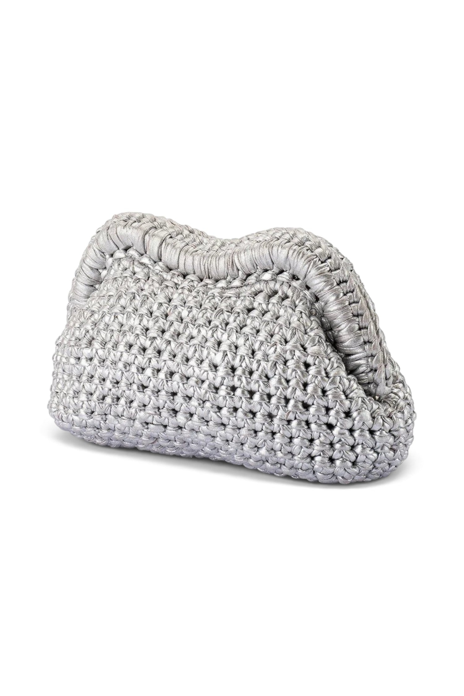 ELSHAM BOUTIQUE Taylor silver metallic crochet clutch bag with a structured frame closure for evening wear.