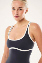 ELSHAM BOUTIQUE Solis Playsuit in marine blue and black with a square neck and contrast white trim detail