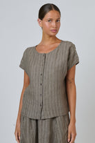 ELSHAM BOUTIQUE GA504 brown striped linen button down top with round neckline and short sleeves on a female model