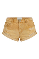 ELSHAM BOUTIQUE Bandits low waist denim shorts in sunfade yellow with distressed details and rolled hem.