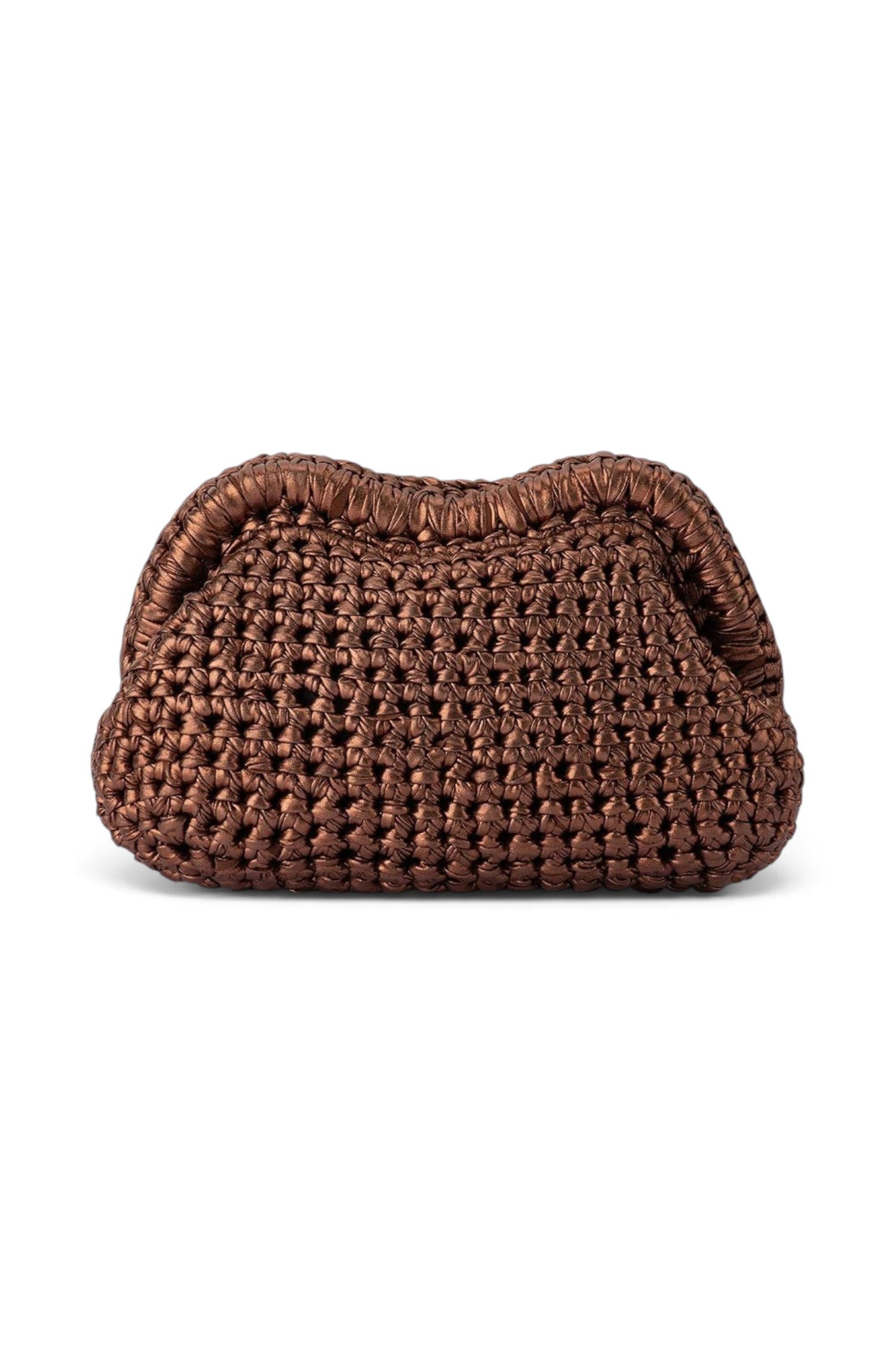 ELSHAM BOUTIQUE Taylor crochet clutch in metallic bronze with a structured frame closure and elegant woven texture.