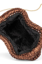 ELSHAM BOUTIQUE Taylor bronze metallic crochet clutch bag with gold chain strap and black fabric interior lining
