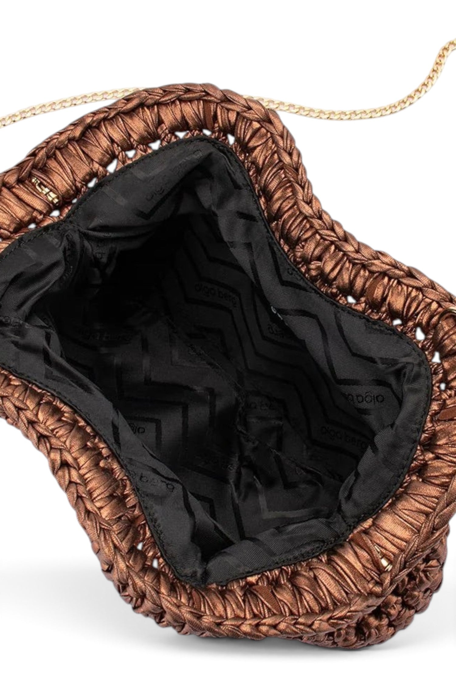 ELSHAM BOUTIQUE Taylor bronze metallic crochet clutch bag with gold chain strap and black fabric interior lining
