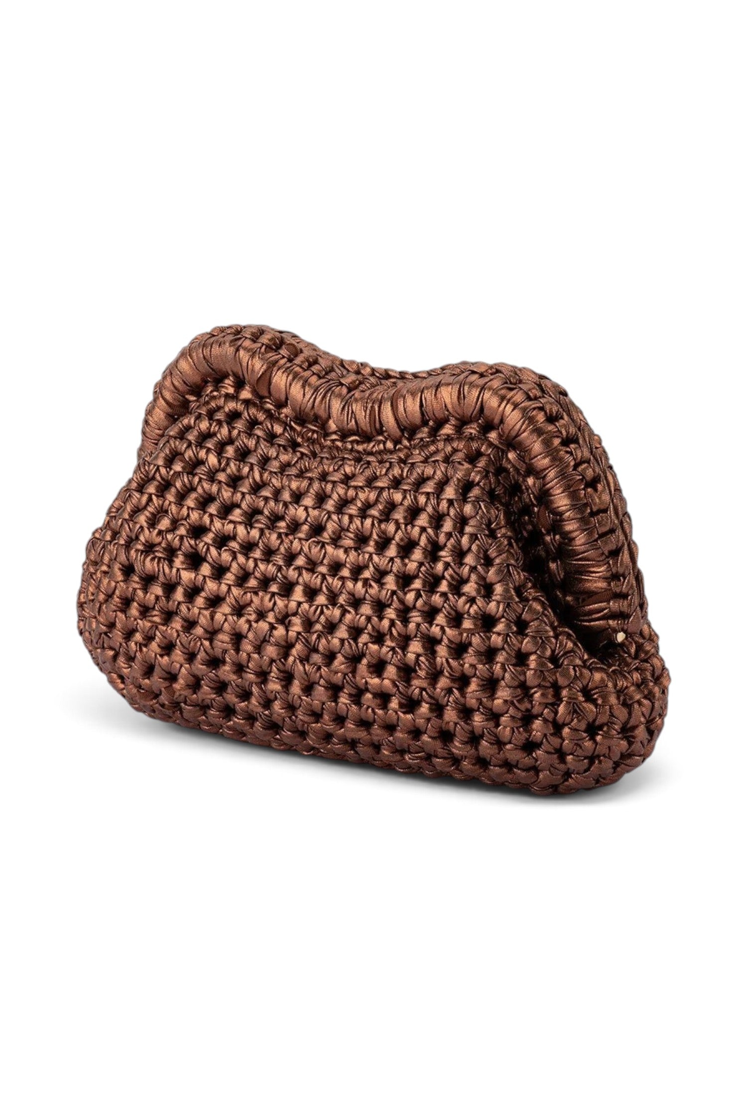 ELSHAM BOUTIQUE Taylor bronze metallic crochet clutch with a structured frame closure and elegant textured finish.