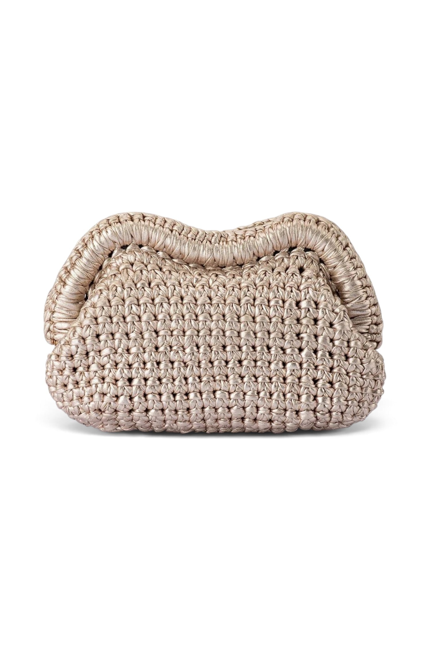 ELSHAM BOUTIQUE Taylor gold metallic crochet clutch bag with a structured frame closure for evening wear.