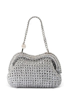 ELSHAM BOUTIQUE Taylor silver metallic crochet clutch bag with a removable chain handle and frame closure.