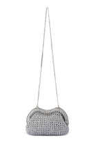 ELSHAM BOUTIQUE Taylor silver metallic crochet clutch with a frame closure and long detachable shoulder chain.