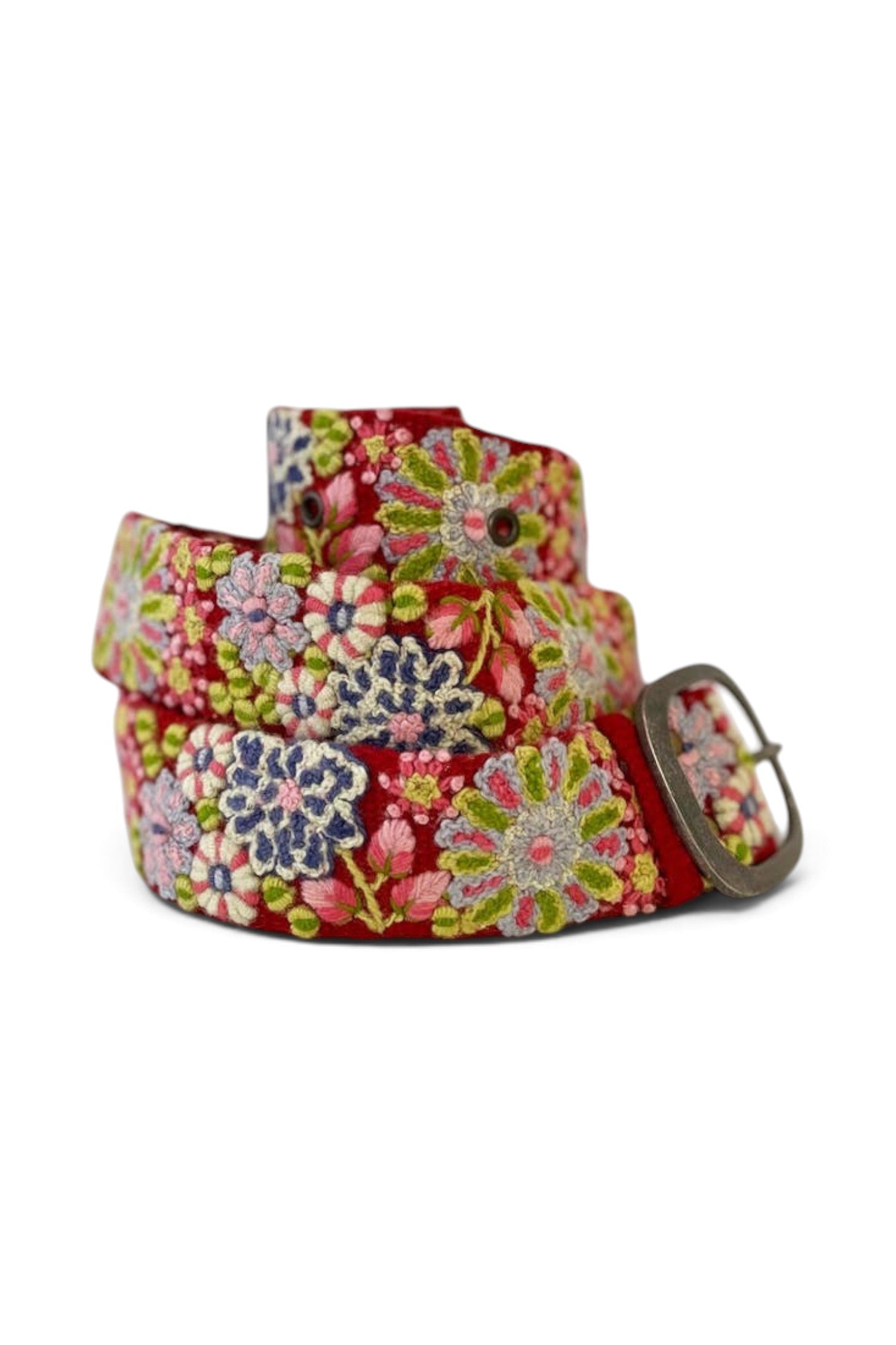 ELSHAM BOUTIQUE Teaberry wool belt featuring intricate multi-colored floral embroidery and a lead-free metal buckle.